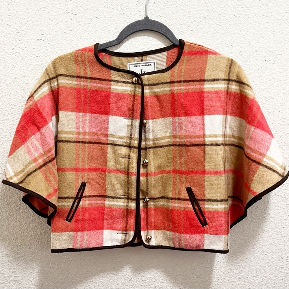 Janie & Jack Girls Tartan Pink Brown Tan Plaid Button Front Cape - Picture 3 of 8